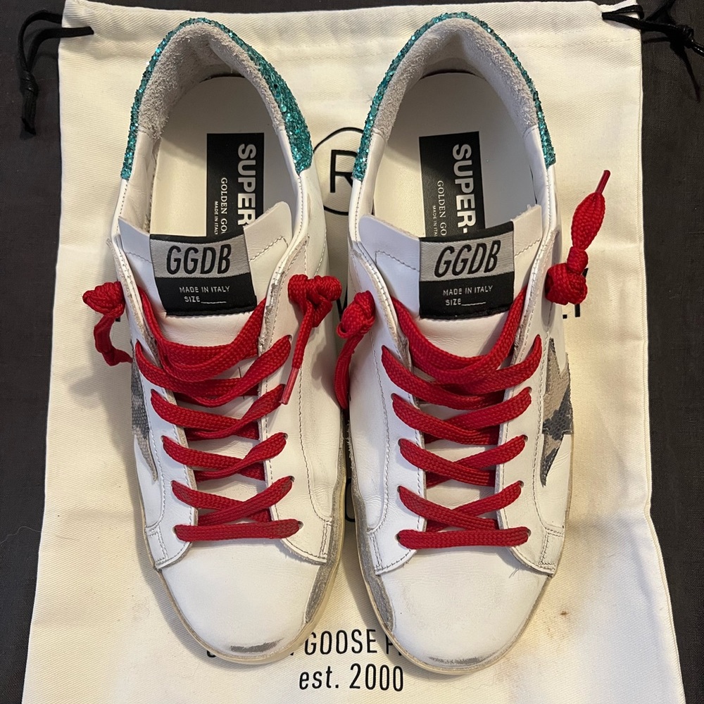 Golden Goose Superstar in White, Beige Grey Phyton, & Aquamarine, size 40